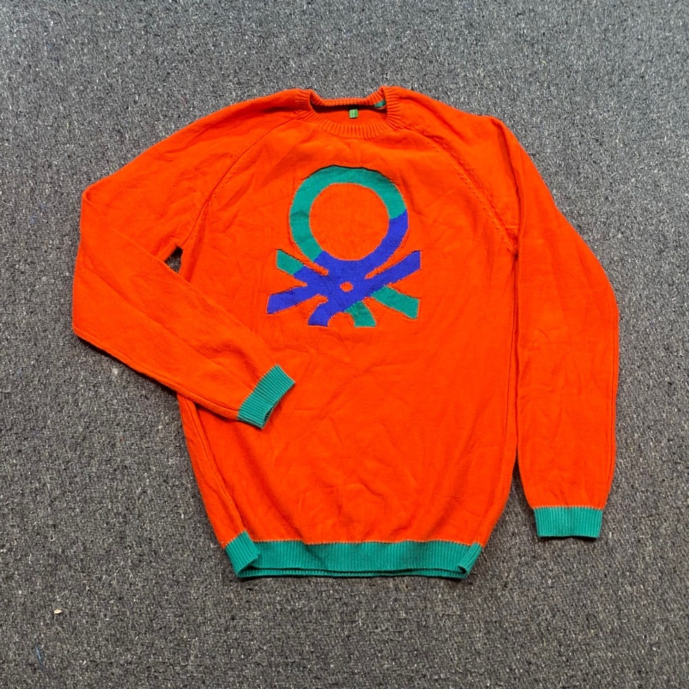 Benetton Sweater Sz M Mens Orange Streetwear Big Logo Intarsia Knit Crewneck 90s